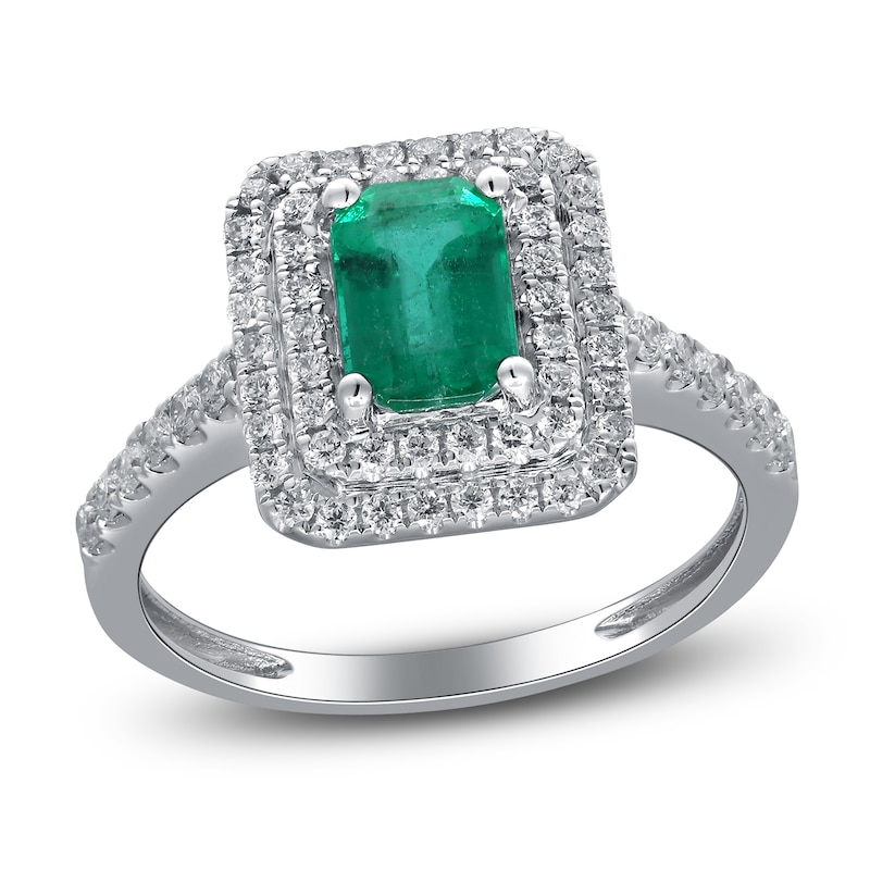 Main Image 1 of Emerald-Cut Natural Emerald & Diamond Halo Engagement Ring 1/3 ct tw 14K White Gold