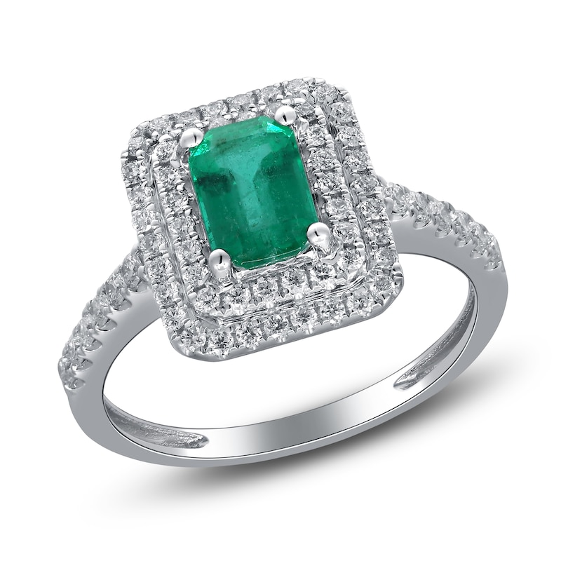 Main Image 2 of Emerald-Cut Natural Emerald & Diamond Halo Engagement Ring 1/3 ct tw 14K White Gold