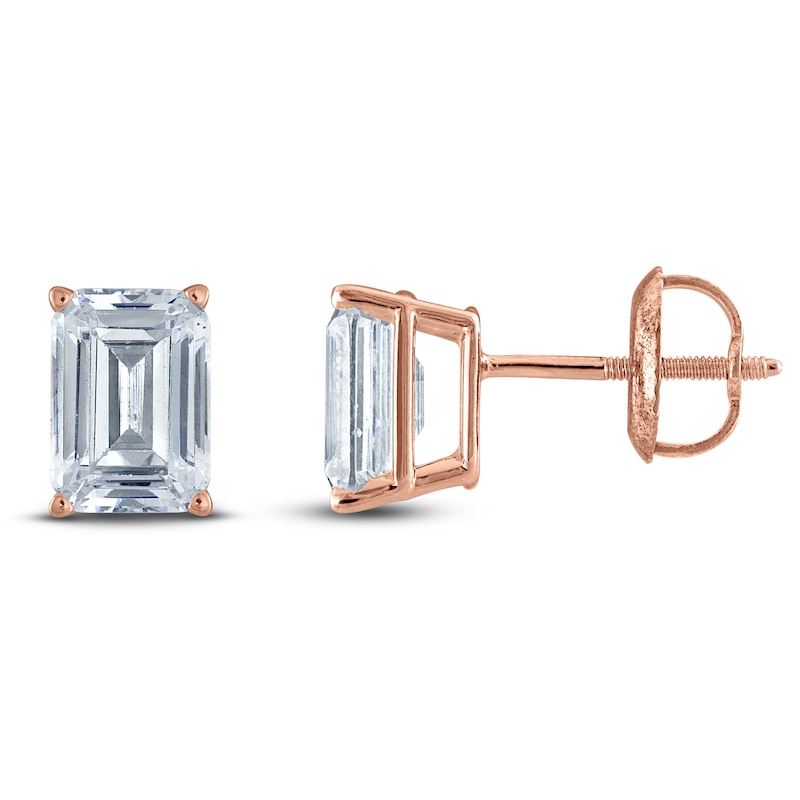 Main Image 1 of Emerald-Cut Lab-Grown Diamond Solitaire Stud Earrings 3/4 ct tw 14K Rose Gold (F/SI2)