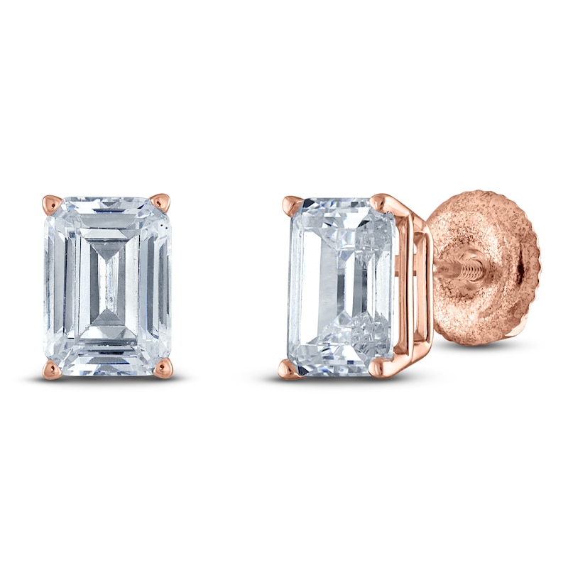 Main Image 2 of Emerald-Cut Lab-Grown Diamond Solitaire Stud Earrings 3/4 ct tw 14K Rose Gold (F/SI2)