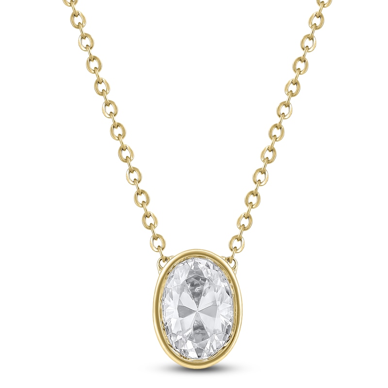 Main Image 1 of Oval-Cut Lab-Grown Diamond Bezel-Set Solitaire Necklace 1 ct tw 18K Yellow Gold 18" (F/VS2)
