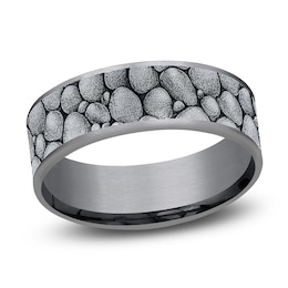 Men's Rock Pattern Comfort-Fit Wedding Band 7.5mm Matte Tantalum & 14K White Gold