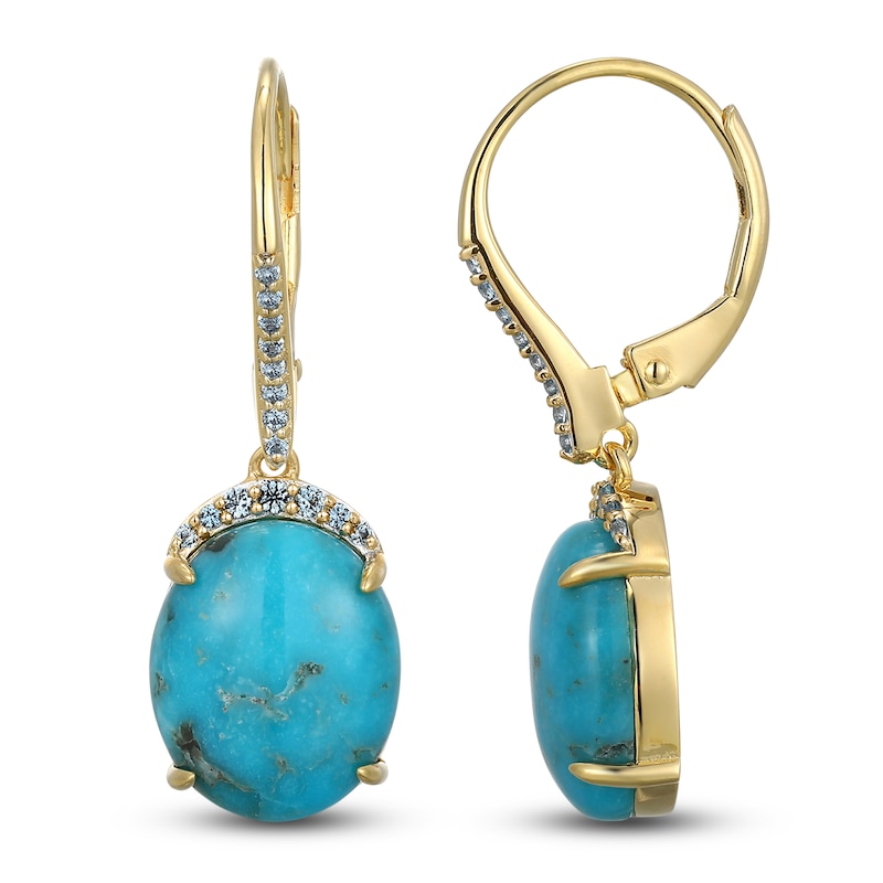 Main Image 1 of Oval-Cut Natural Turquoise & Blue Topaz Dangle Earrings 14K Yellow Gold
