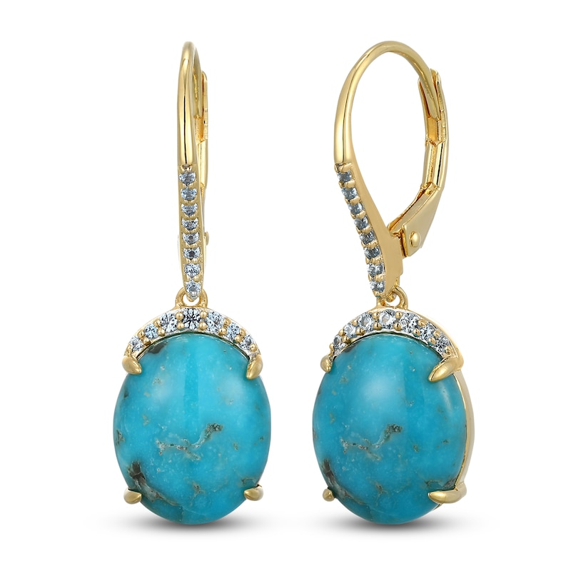 Main Image 2 of Oval-Cut Natural Turquoise & Blue Topaz Dangle Earrings 14K Yellow Gold