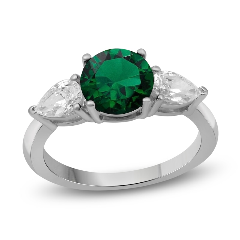 Main Image 1 of Lab-Created Emerald & White Lab-Created Sapphire Three-Stone Ring Sterling Silver