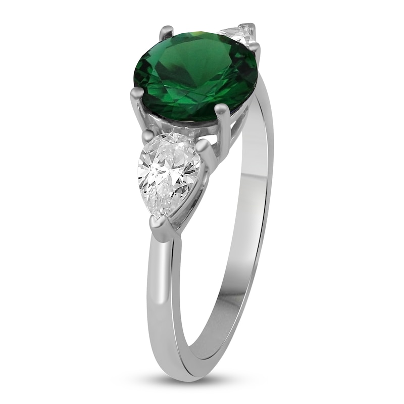 Main Image 2 of Lab-Created Emerald & White Lab-Created Sapphire Three-Stone Ring Sterling Silver