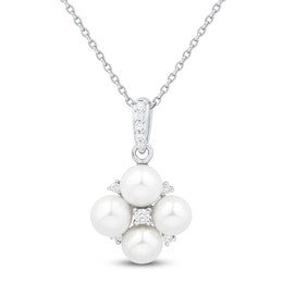Cultured Pearl & White Lab-Created Sapphire Cluster Necklace Sterling Silver 18"