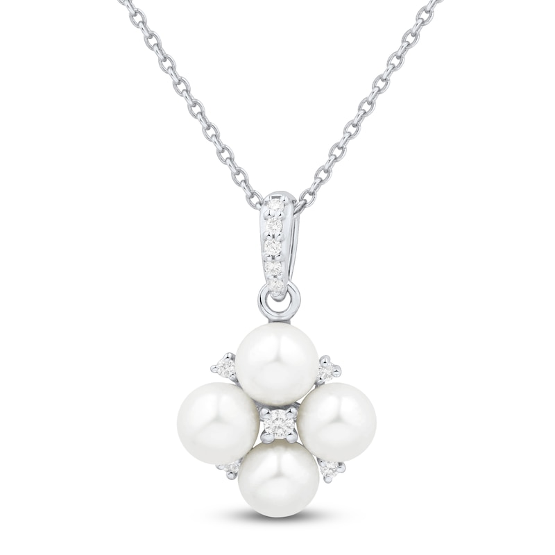 Main Image 1 of Cultured Pearl & White Lab-Created Sapphire Cluster Necklace Sterling Silver 18"