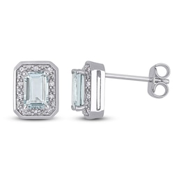 Emerald-Cut Natural Aquamarine & Diamond Halo Stud Earrings 1/15 ct tw 10K White Gold
