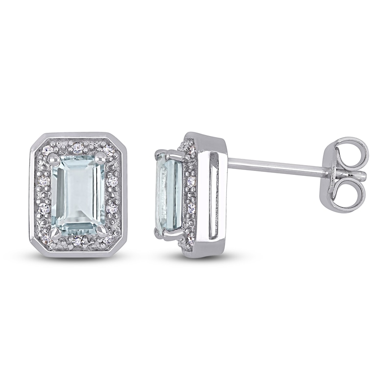 Main Image 1 of Emerald-Cut Natural Aquamarine & Diamond Halo Stud Earrings 1/15 ct tw 10K White Gold
