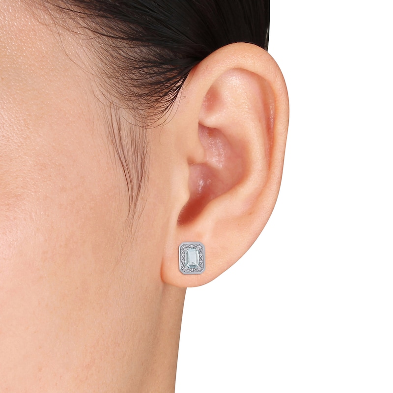 Main Image 3 of Emerald-Cut Natural Aquamarine & Diamond Halo Stud Earrings 1/15 ct tw 10K White Gold