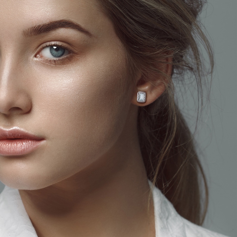 Main Image 4 of Emerald-Cut Natural Aquamarine & Diamond Halo Stud Earrings 1/15 ct tw 10K White Gold