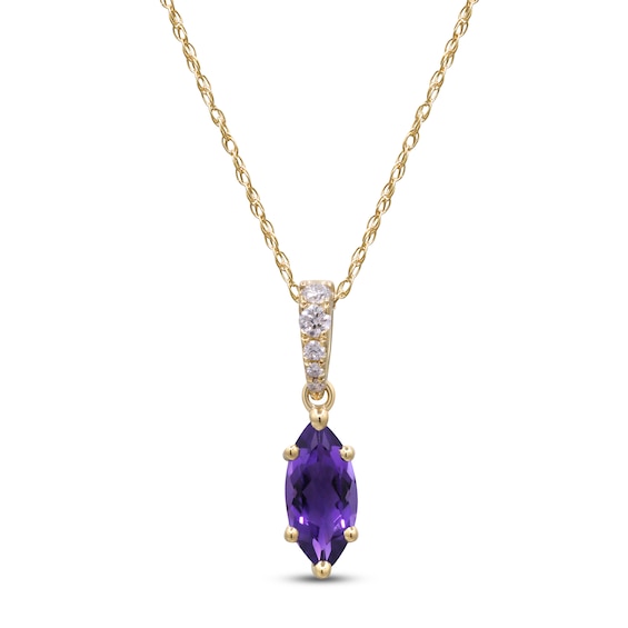 Marquise-Cut Natural Amethyst & Diamond Necklace 1/20 ct tw 14K Yellow Gold 18"