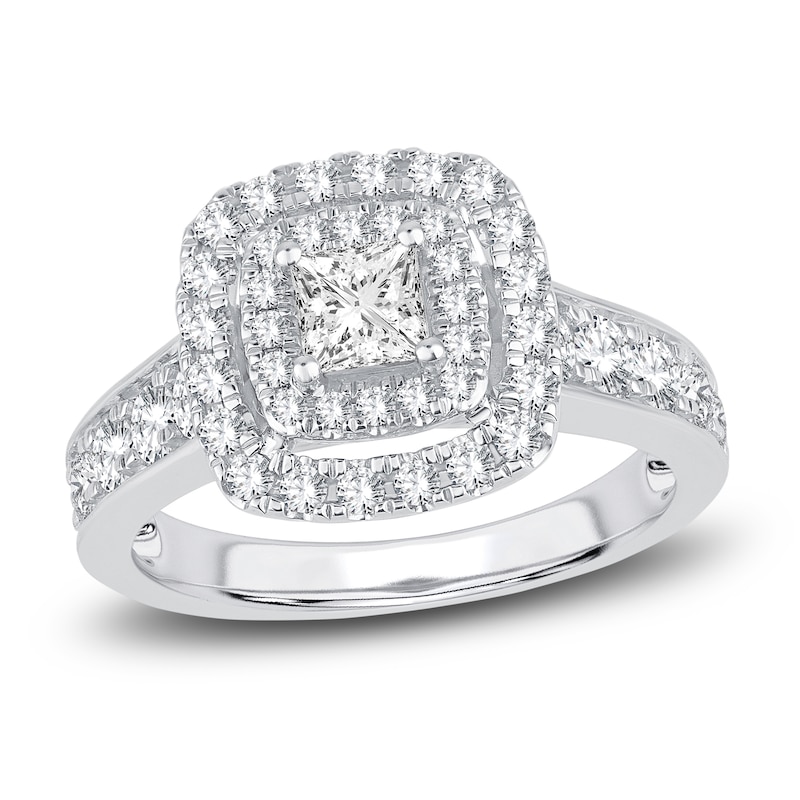 Main Image 1 of Diamond Double Halo Engagement Ring 1-1/3 ct tw Princess/Round 14K White Gold