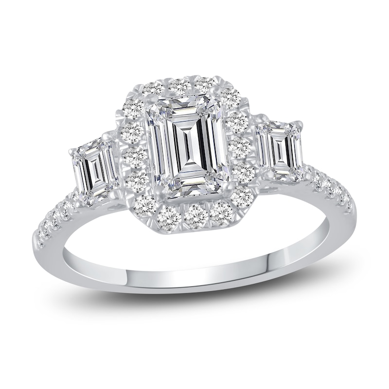 Diamond 3-Stone Engagement Ring 1-1/3 ct tw Emerald/Round 14K White Gold