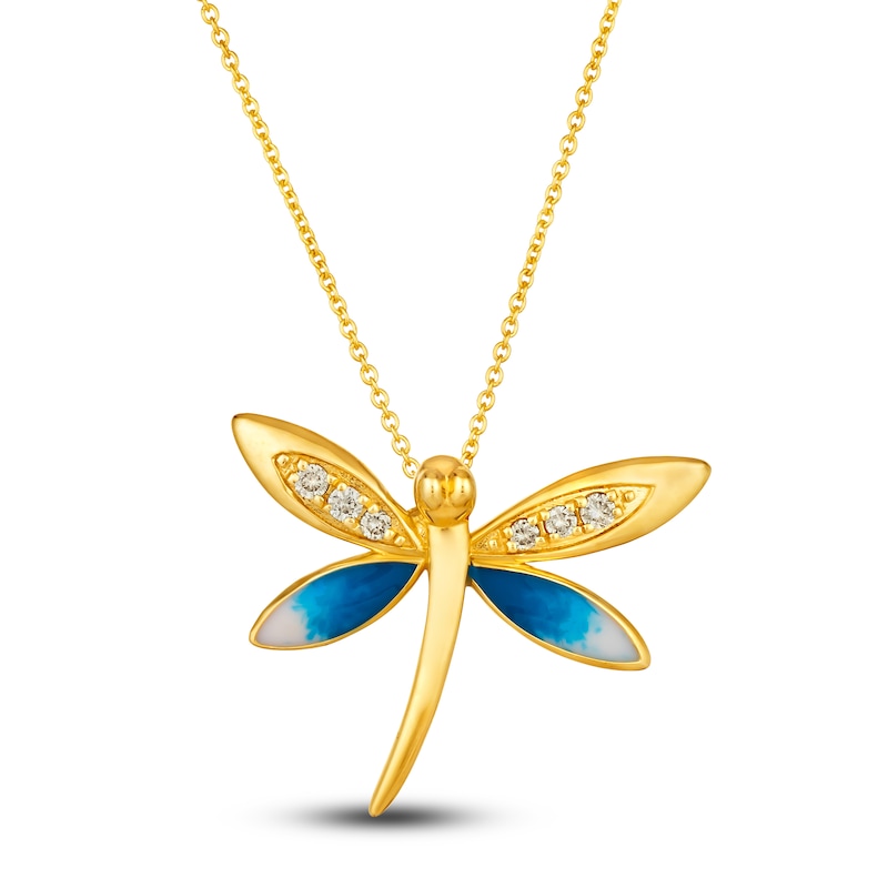 Main Image 1 of Le Vian Diamond Dragonfly Pendant Necklace 1/8 ct tw Round Blue Enamel 14K Honey Gold 19&quot;