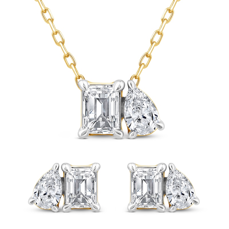 Diamond Pendant Necklace & Earring Set 1-1/2 ct tw Pear/Emerald 14K Yellow Gold