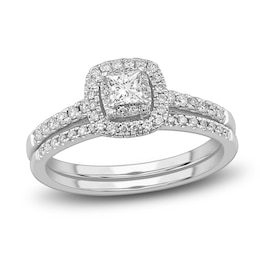 Diamond Double Halo Bridal Set 1/2 ct tw Princess/Round 14K White Gold