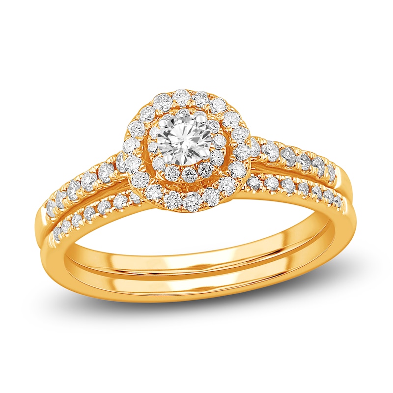 Main Image 1 of Diamond Double Halo Bridal Set 1/2 ct tw Round 14K Yellow Gold