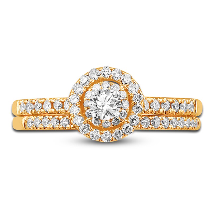 Main Image 3 of Diamond Double Halo Bridal Set 1/2 ct tw Round 14K Yellow Gold