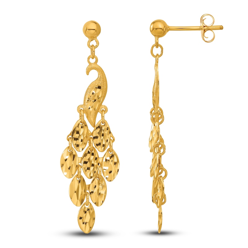 High-Polish Peacock Dangle Earrings 24K Yellow Gold