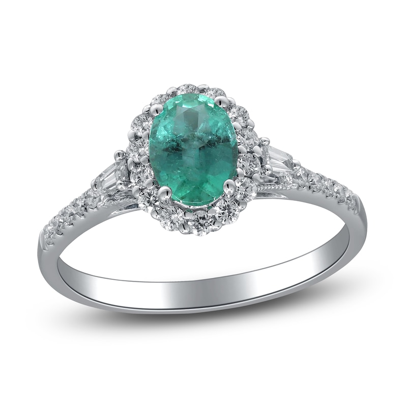 Oval-Cut Natural Emerald & Diamond Halo Engagement Ring 1/3 ct tw 14K White Gold