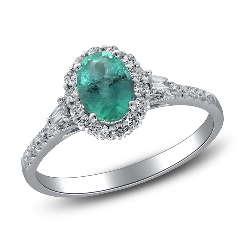 Oval-Cut Natural Emerald & Diamond Halo Engagement Ring 1/3 ct tw 14K White Gold