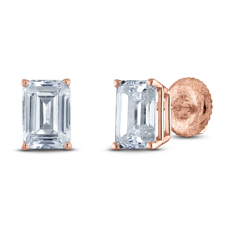 Main Image 2 of Emerald-Cut Lab-Grown Diamond Solitaire Stud Earrings 3 ct tw 14K Rose Gold (F/SI2)
