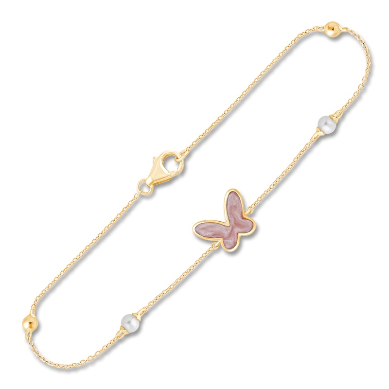 Main Image 1 of Children's Cultured Pearl & Enamel Butterfly Bracelet 14K Yellow Gold 6"