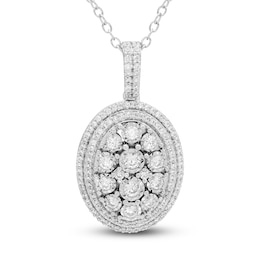Multi-Diamond Center Oval Double Halo Necklace 1/2 ct tw 14K White Gold 18"