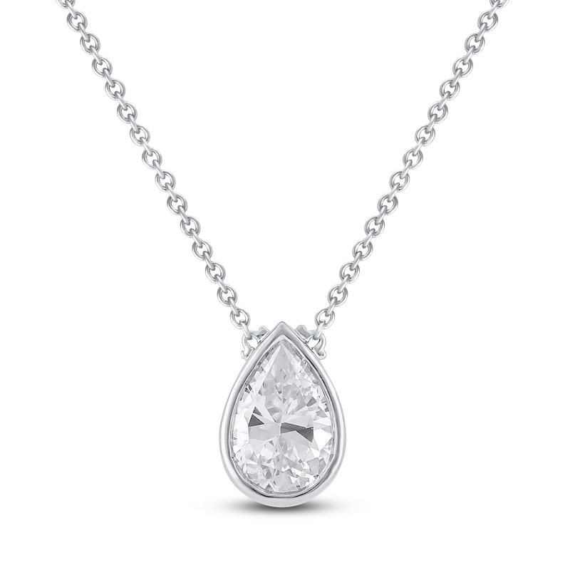 Main Image 1 of Pear-Shaped Lab-Grown Diamond Bezel-Set Solitaire Necklace 1 ct tw 18K White Gold 18" (F/VS2)