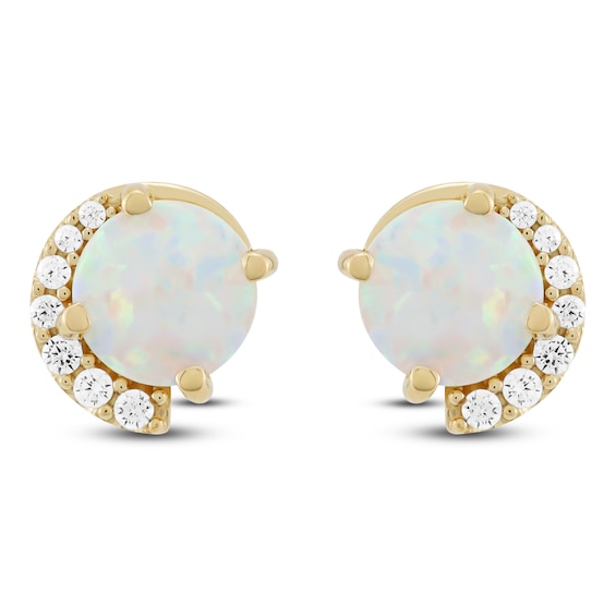 Lab-Created Opal & Diamond Stud Earrings 1/10 ct tw 10K Yellow Gold