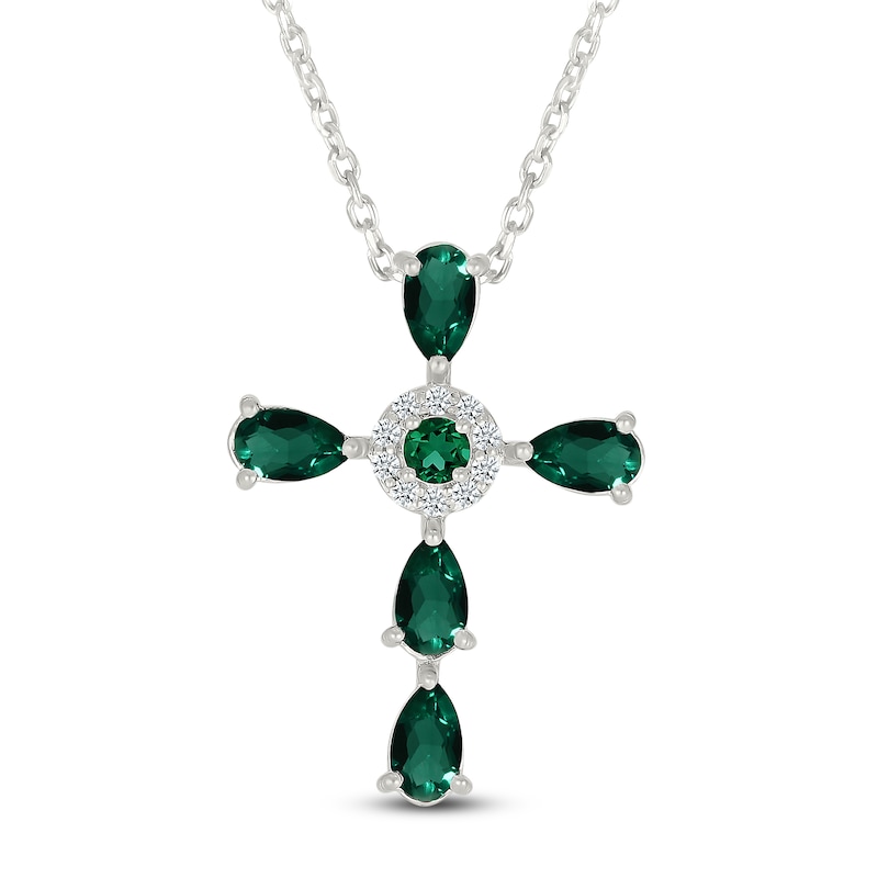 Main Image 1 of Pear-Shaped Lab-Created Emerald & White Lab-Created Sapphire Cross Necklace Sterling Silver 18"
