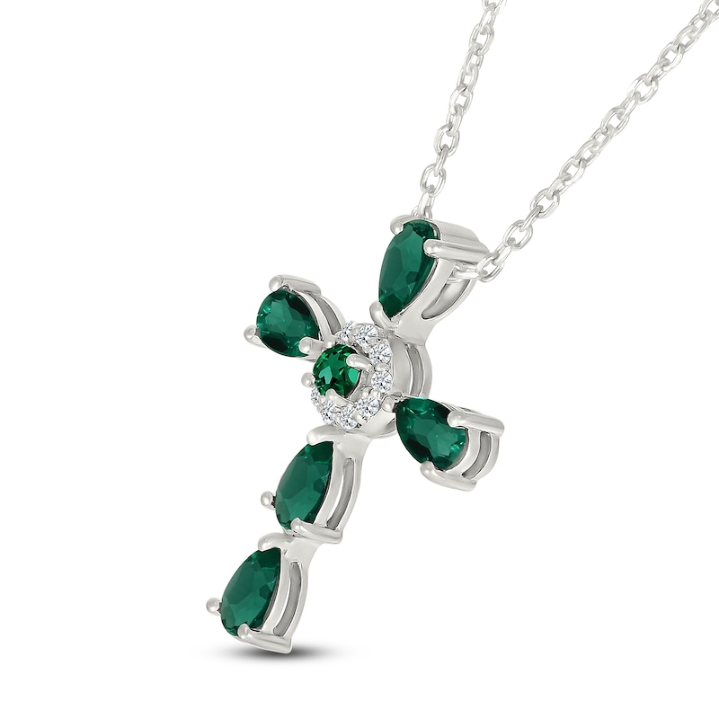 Main Image 2 of Pear-Shaped Lab-Created Emerald & White Lab-Created Sapphire Cross Necklace Sterling Silver 18"
