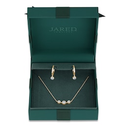 Lab-Grown Diamond Three-Stone Necklace and Dangle Hoop Earrings Set 1 ct tw 14K Yellow Gold