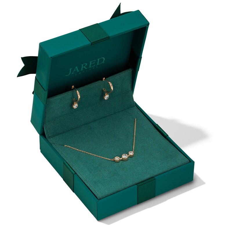 Main Image 1 of Lab-Grown Diamond Three-Stone Necklace and Dangle Hoop Earrings Set 1 ct tw 14K Yellow Gold