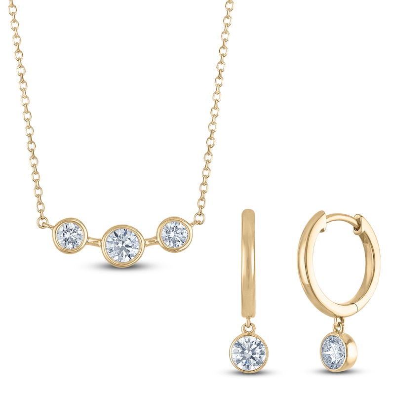 Main Image 2 of Lab-Grown Diamond Three-Stone Necklace and Dangle Hoop Earrings Set 1 ct tw 14K Yellow Gold