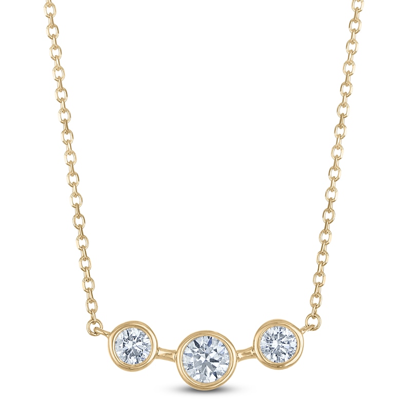 Main Image 3 of Lab-Grown Diamond Three-Stone Necklace and Dangle Hoop Earrings Set 1 ct tw 14K Yellow Gold