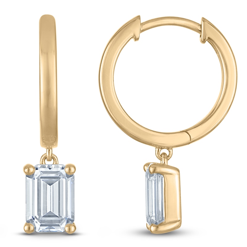 Main Image 1 of Emerald-Cut Lab-Grown Diamond Solitaire Dangle Hoop Earrings 2 ct tw 14K Yellow Gold (SI2/F)