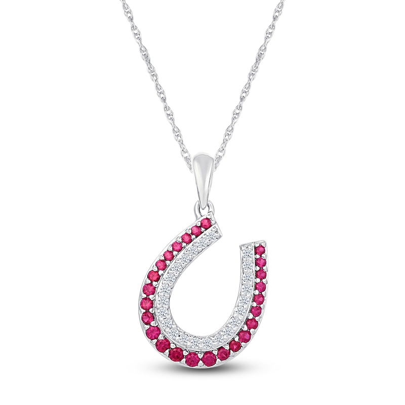 Main Image 1 of Lab-Created Ruby & White Lab-Created Sapphire Horseshoe Necklace Sterling Silver 18"