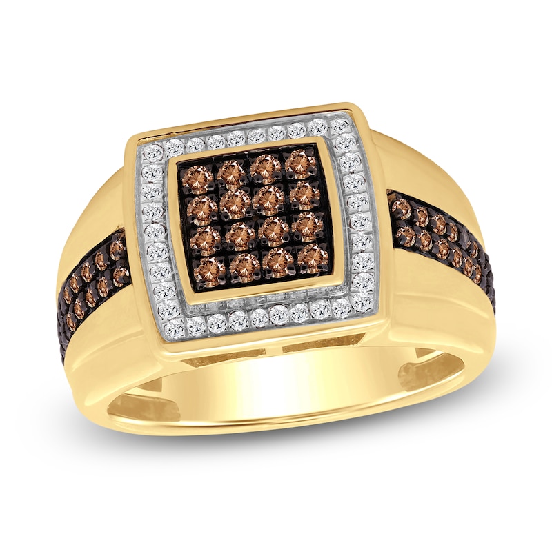 Main Image 1 of Men's Brown & White Multi-Diamond Ring 3/4 ct tw 10K Yellow Gold