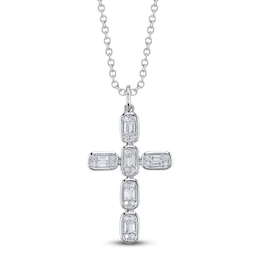 Shy Creation Baguette & Round-Cut Multi-Diamond Cross Necklace 1/4 ct tw 14K White Gold 18" SC55027790