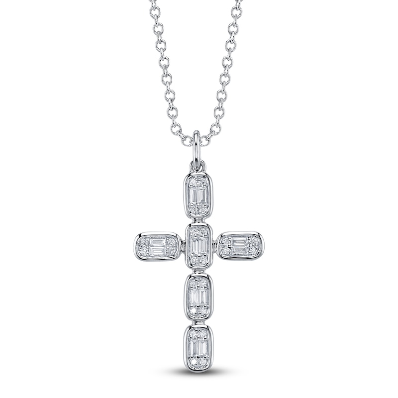 Main Image 1 of Shy Creation Baguette & Round-Cut Multi-Diamond Cross Necklace 1/4 ct tw 14K White Gold 18" SC55027790