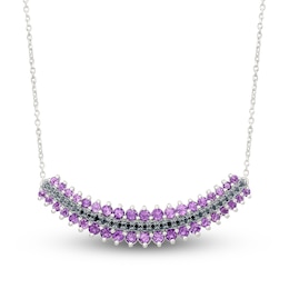 Amethyst & Black Diamond Curved Bar Necklace 1/5 ct tw 10K White Gold 18"