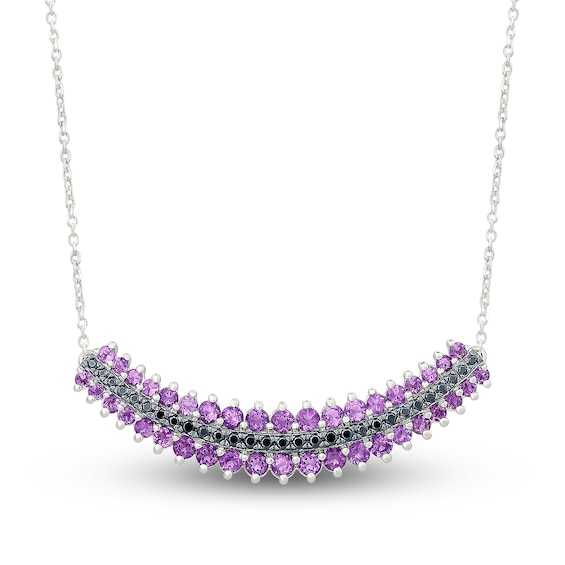 Amethyst & Black Diamond Curved Bar Necklace 1/5 ct tw 10K White Gold 18"