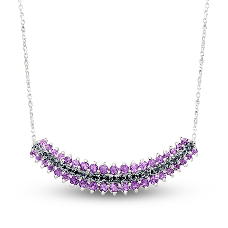 Main Image 1 of Amethyst & Black Diamond Curved Bar Necklace 1/5 ct tw 10K White Gold 18"