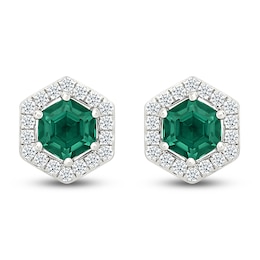 Hexagon-Cut Lab-Created Emerald & White Lab-Created Sapphire Halo Stud Earrings Sterling Silver