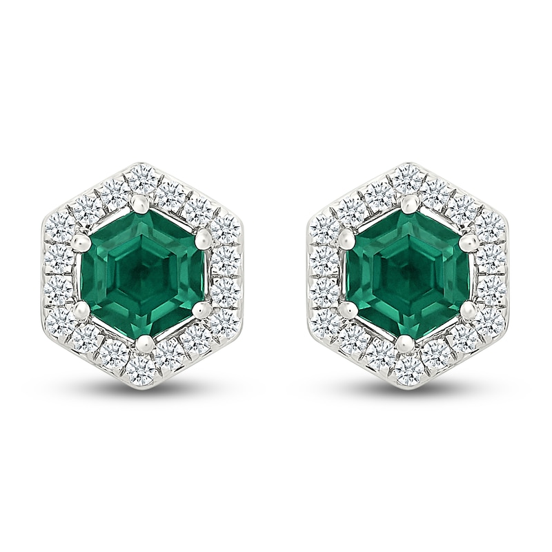 Main Image 1 of Hexagon-Cut Lab-Created Emerald & White Lab-Created Sapphire Halo Stud Earrings Sterling Silver