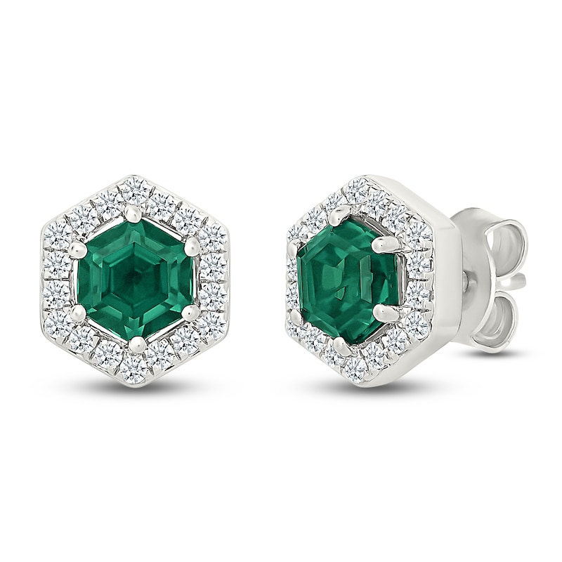 Main Image 2 of Hexagon-Cut Lab-Created Emerald & White Lab-Created Sapphire Halo Stud Earrings Sterling Silver