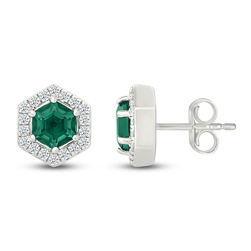 Main Image 3 of Hexagon-Cut Lab-Created Emerald & White Lab-Created Sapphire Halo Stud Earrings Sterling Silver